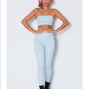 White Fox Light Sky Blue Skinny Zip Pants